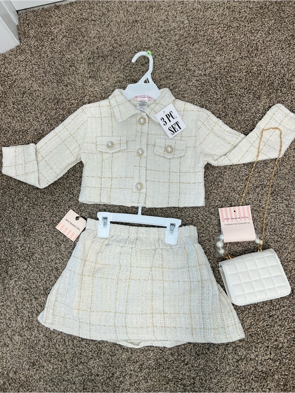Love Squared Cream Tweed Skirt Set with Quilted Purse